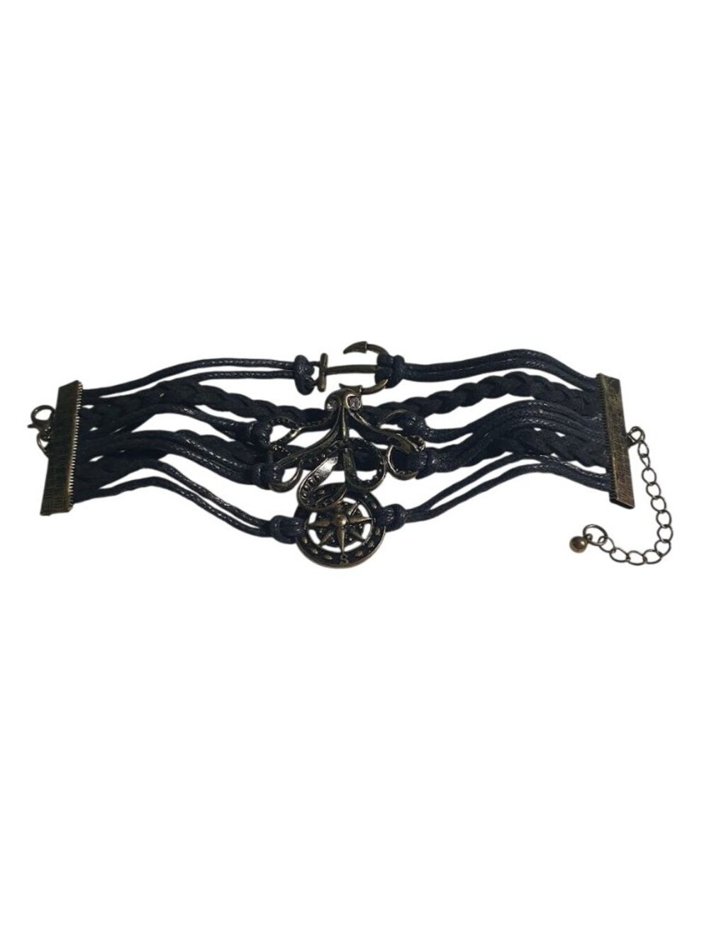 Black Leather Nautical Charm Bracelet Adjustable Anchor Compass Pendant Layered